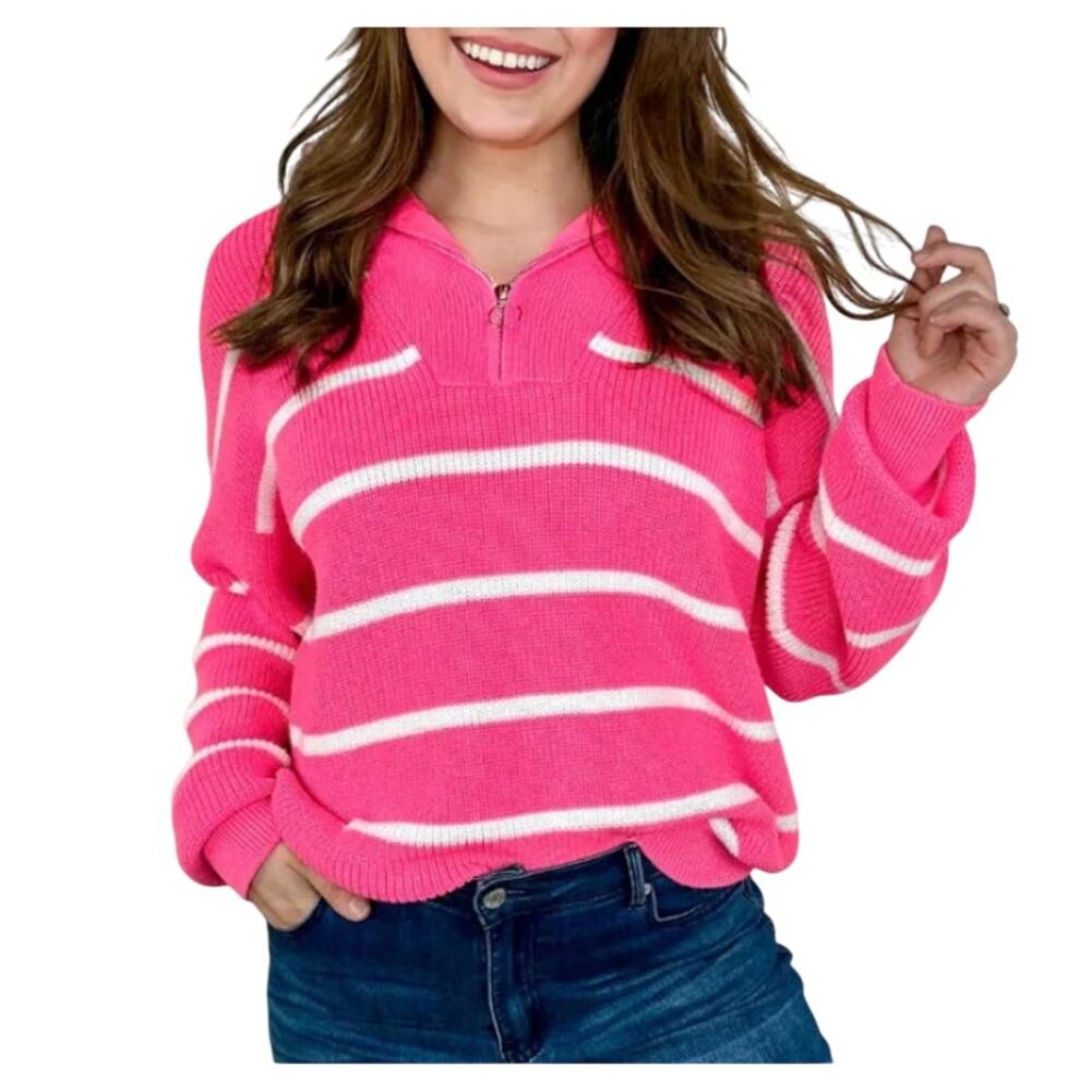 Jess Lea Jameson Quarter Zip Sweater Pink White Stripe Size Large
